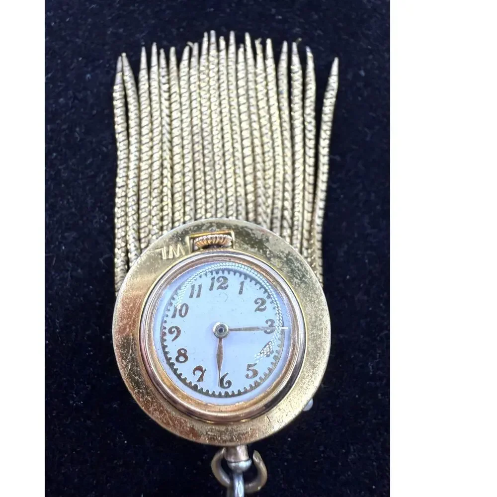 Antique Gold Tone Blue Enamel & Pearl Watch Brooch